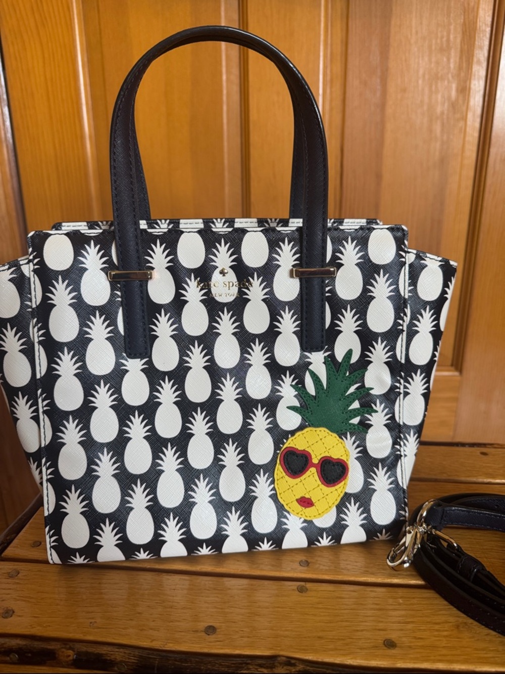 Kate Spade Navy & White Pineapple Print Tote with Yellow Pineapple Patch.